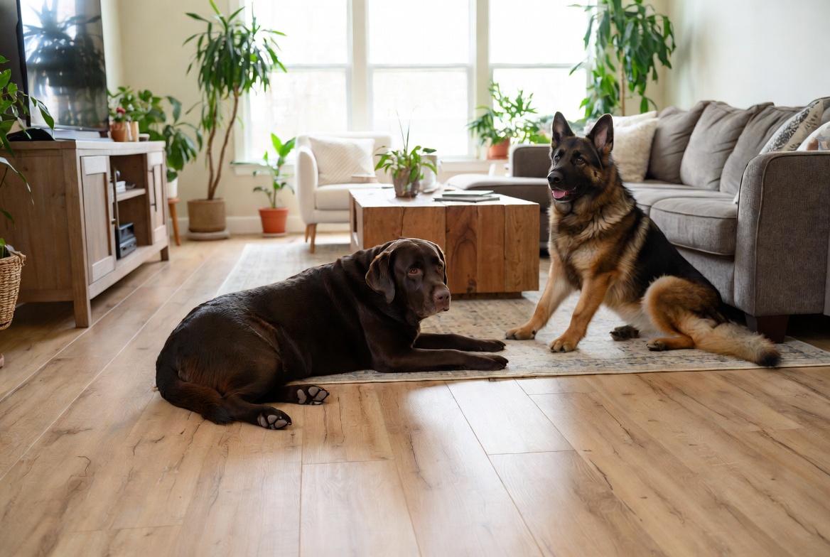 A chocolate Labrador Retriever and a German Shepherd resting on laminate flooring in Aurora, IL.