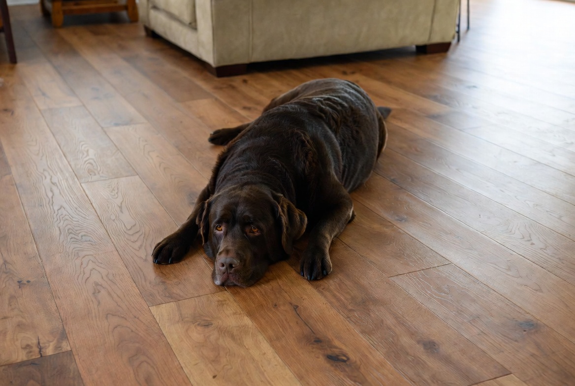 A chocolate Labrador Retriever resting on laminate flooring in Aurora, IL.