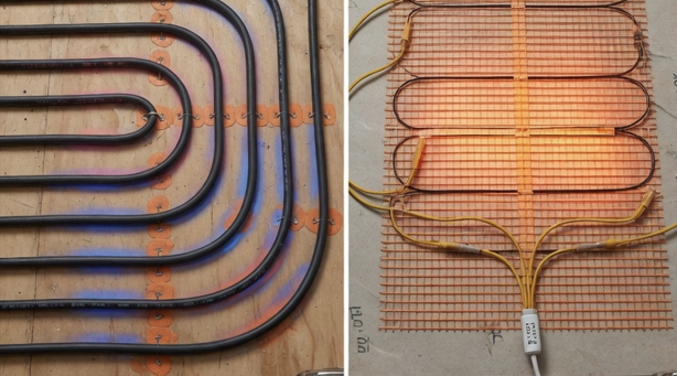 Hydronic radiant heating tubing installed under a subfloor in an Aurora, IL home.