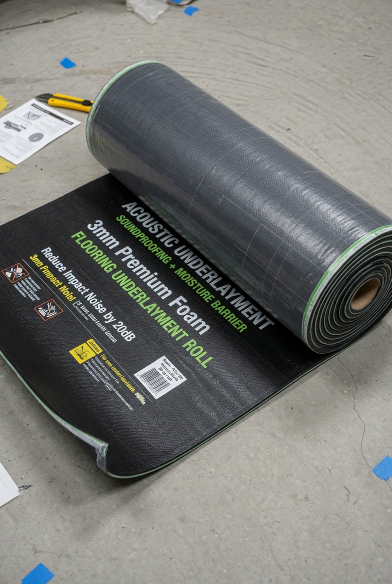 A roll of acoustic underlayment ready for installation in Aurora, IL.